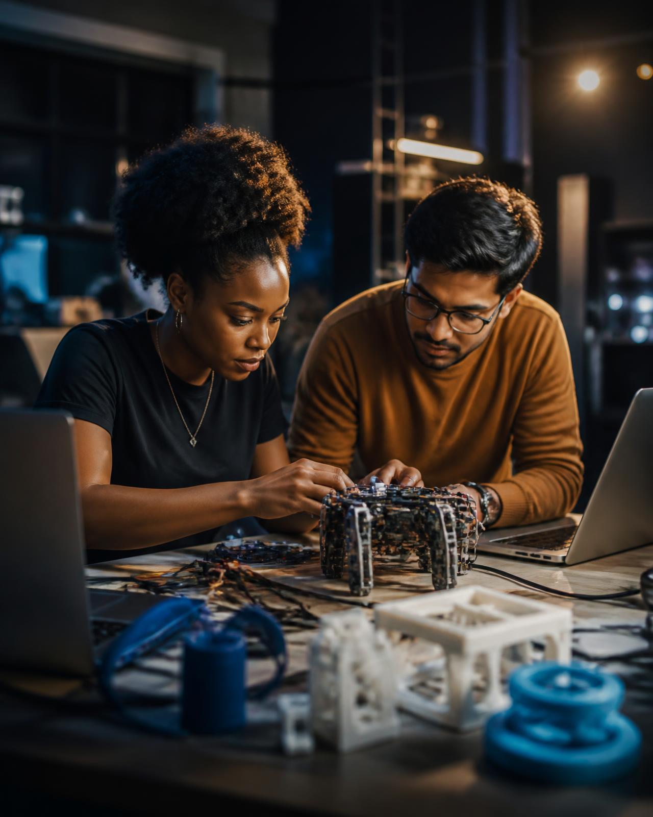 Two young makers assembling a hardware prototype with laptops and 3D printed parts